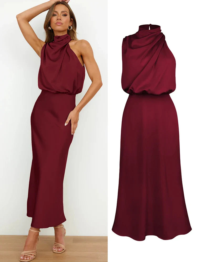Halter Neck Satin Midi Dress
