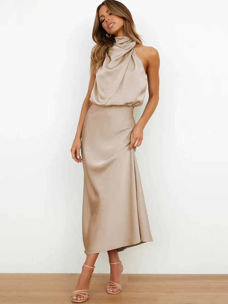 Halter Neck Satin Midi Dress