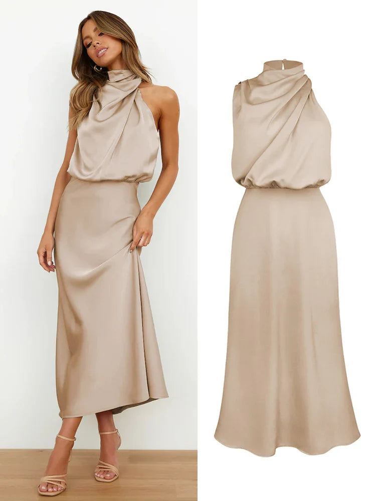 Halter Neck Satin Midi Dress