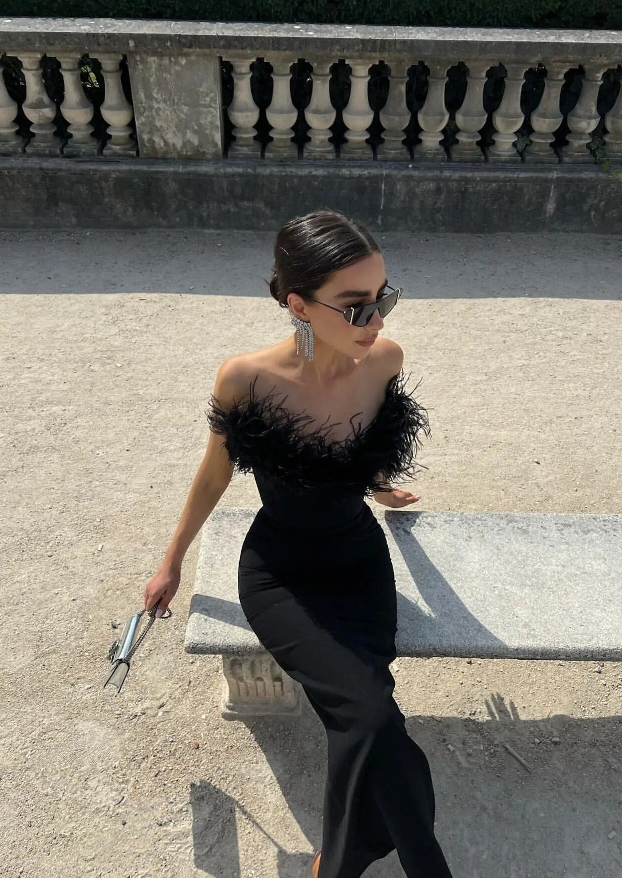 Strapless Feather Trim Black Evening Gown
