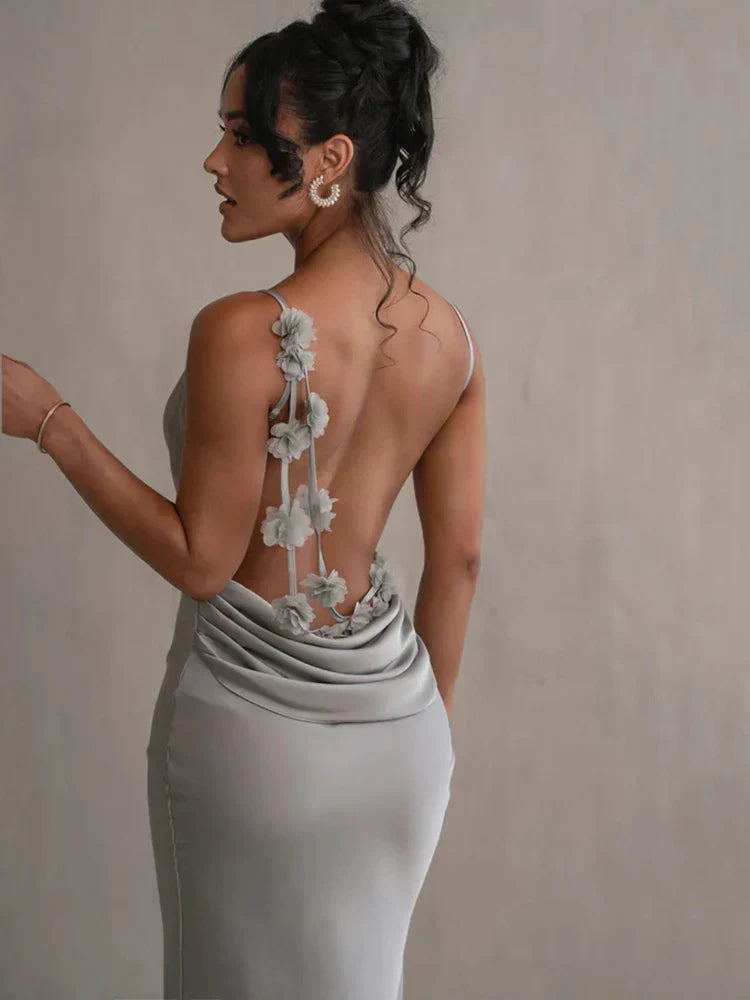 Backless Floral Strap Evening Gown