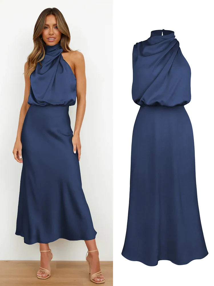 Halter Neck Satin Midi Dress