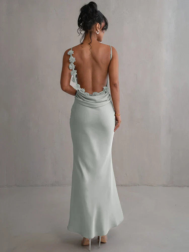 Backless Floral Strap Evening Gown