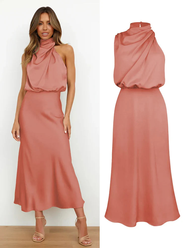 Halter Neck Satin Midi Dress