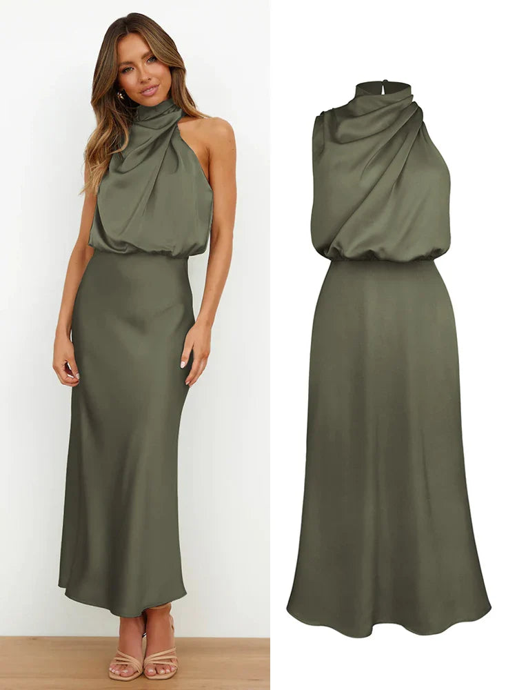 Halter Neck Satin Midi Dress