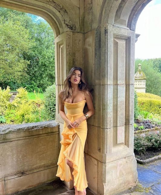 Ruffled Hem Spaghetti Strap Gown