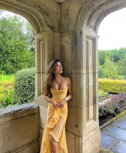 Ruffled Hem Spaghetti Strap Gown