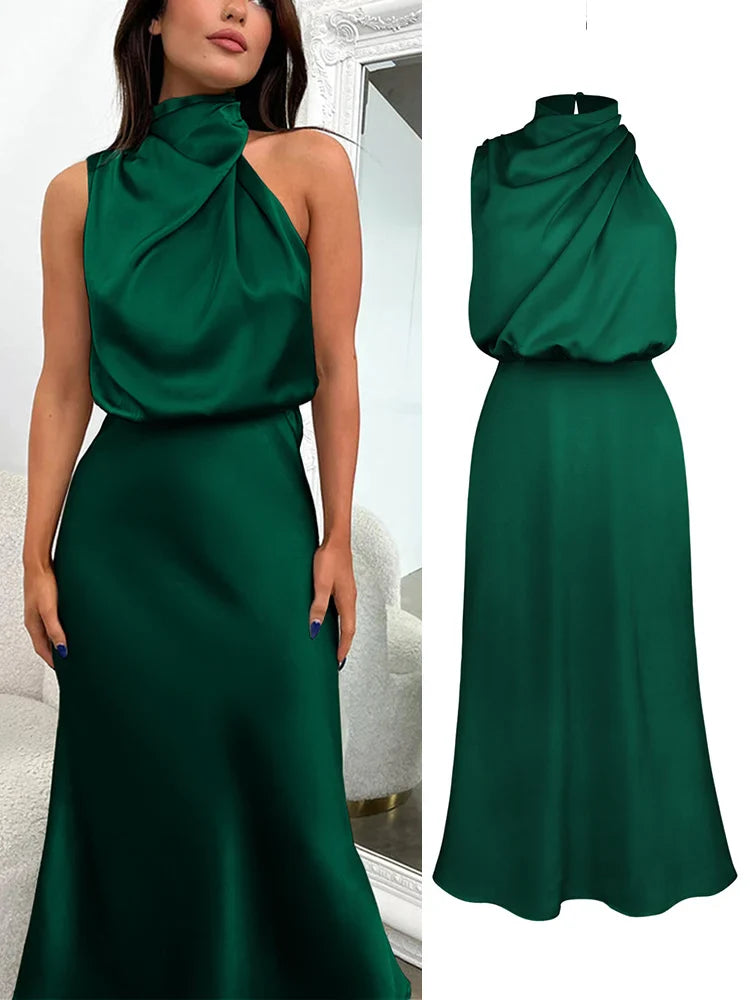 Halter Neck Satin Midi Dress