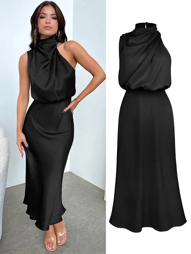 Halter Neck Satin Midi Dress