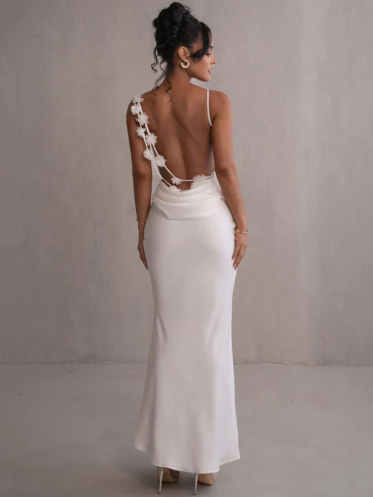 Backless Floral Strap Evening Gown