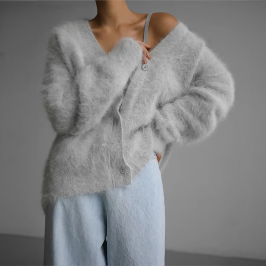 Cashmere Fluffy Oversized V-Neck Cardigan Sweater