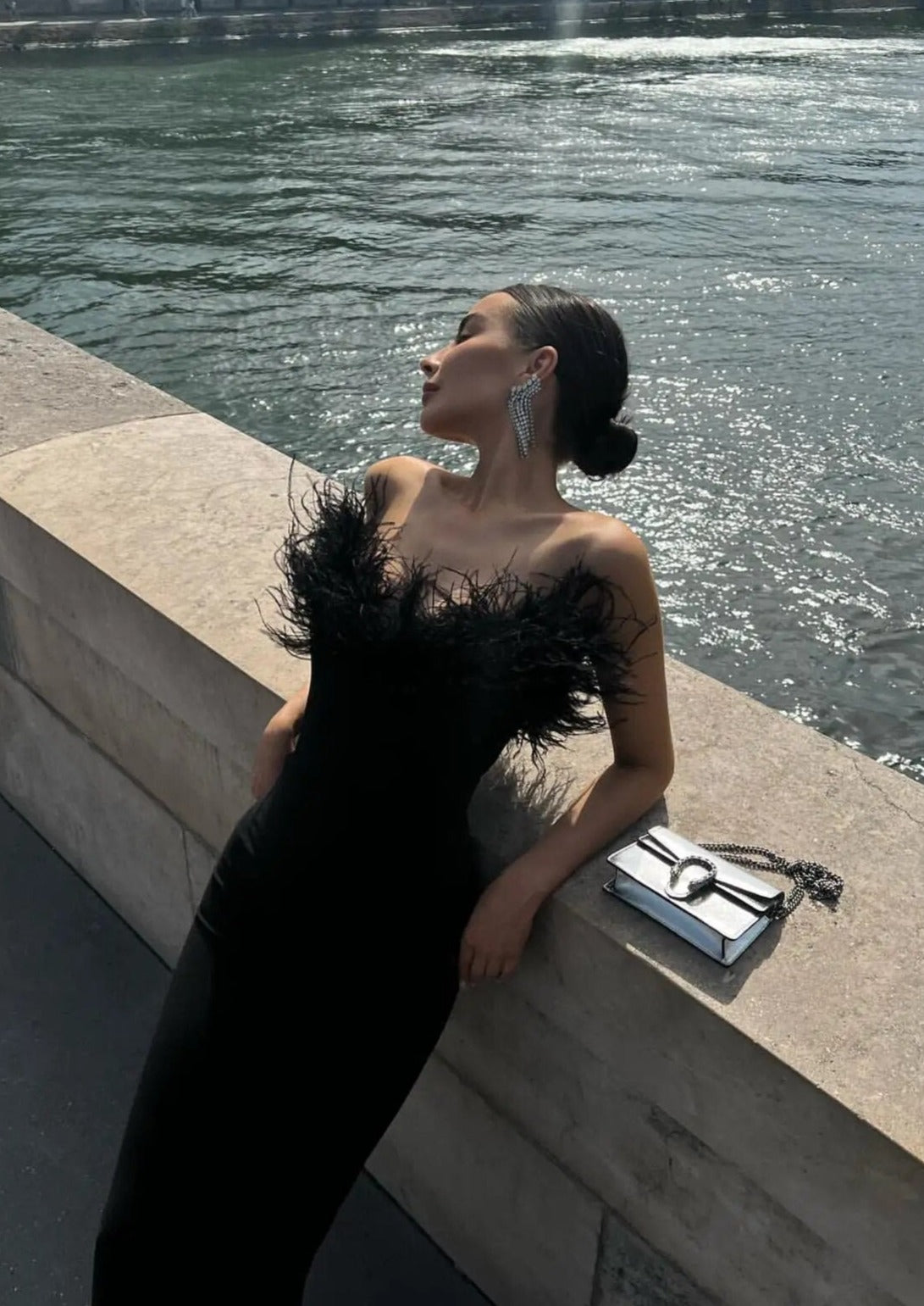 Strapless Feather Trim Black Evening Gown