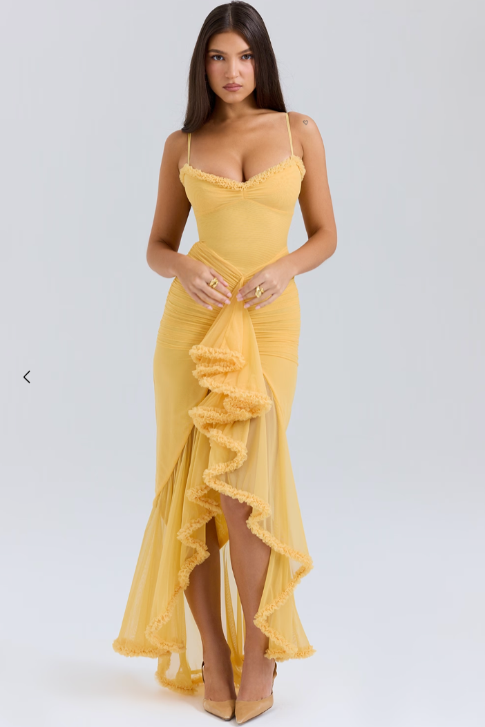 Ruffled Hem Spaghetti Strap Gown