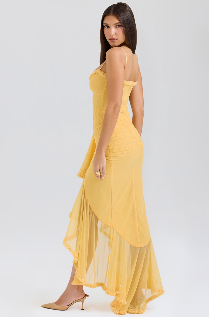 Ruffled Hem Spaghetti Strap Gown