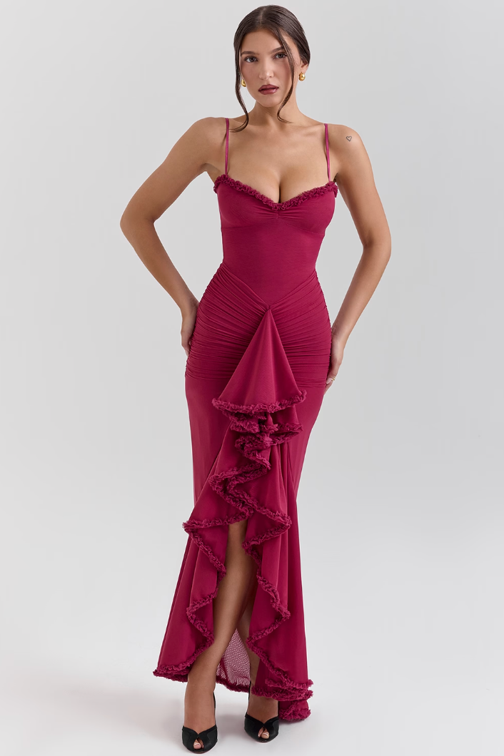 Ruffled Hem Spaghetti Strap Gown