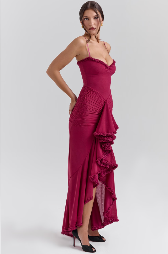 Ruffled Hem Spaghetti Strap Gown