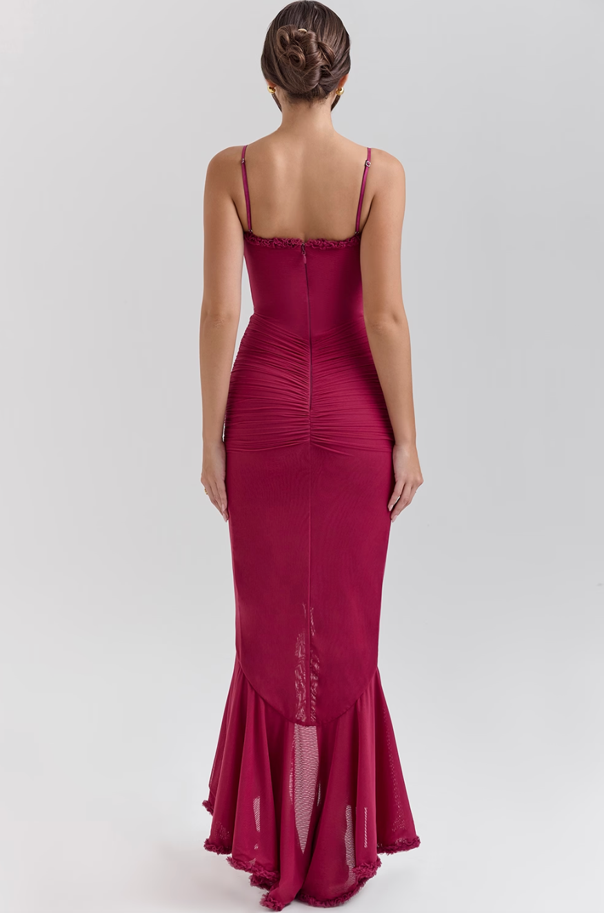 Ruffled Hem Spaghetti Strap Gown