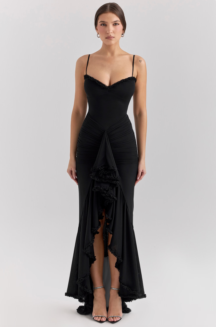 Ruffled Hem Spaghetti Strap Gown
