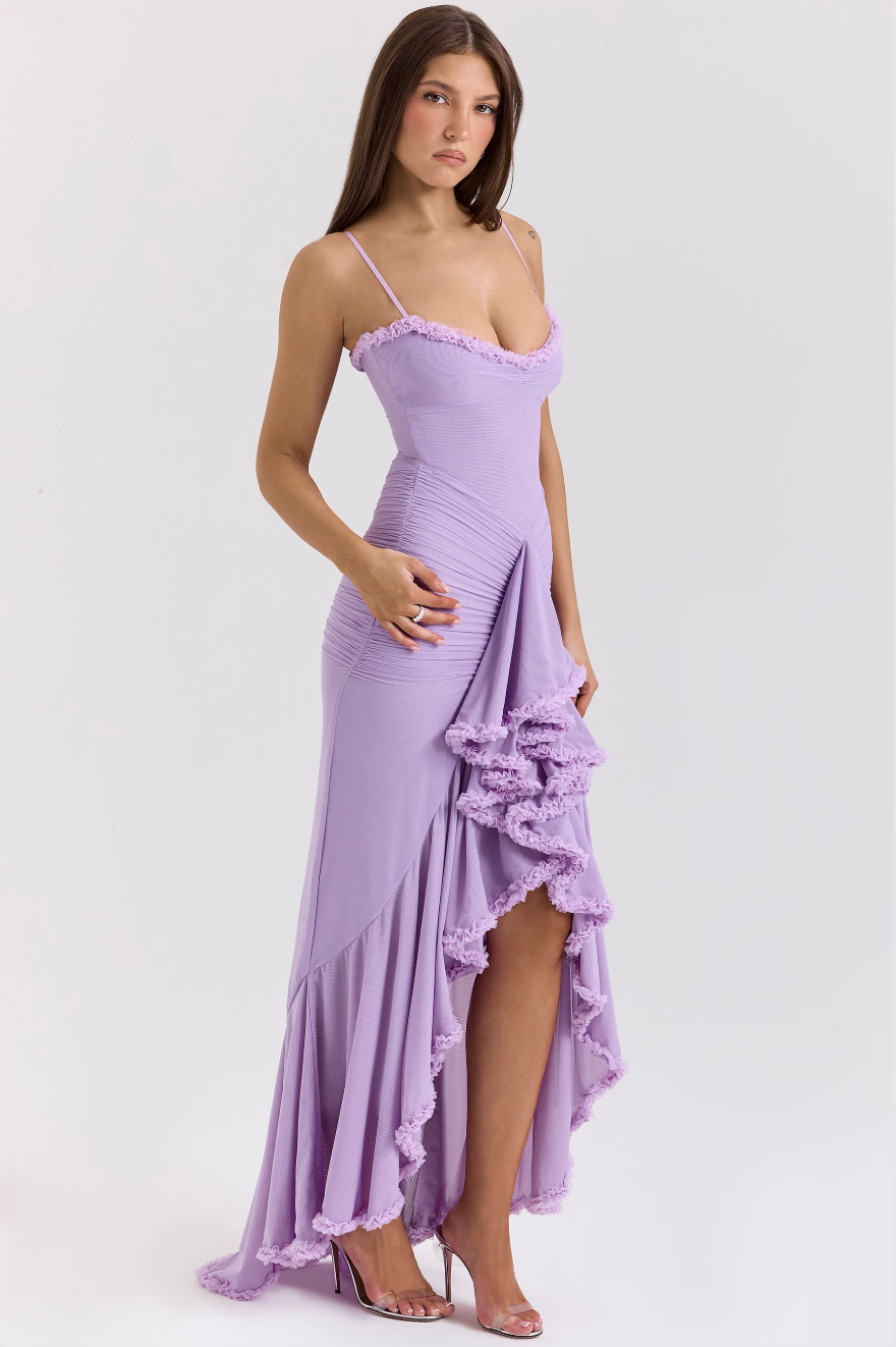 Ruffled Hem Spaghetti Strap Gown