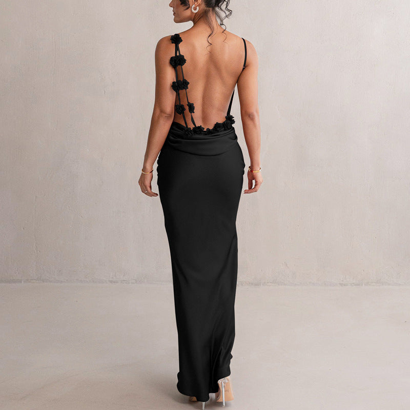 Backless Floral Strap Evening Gown