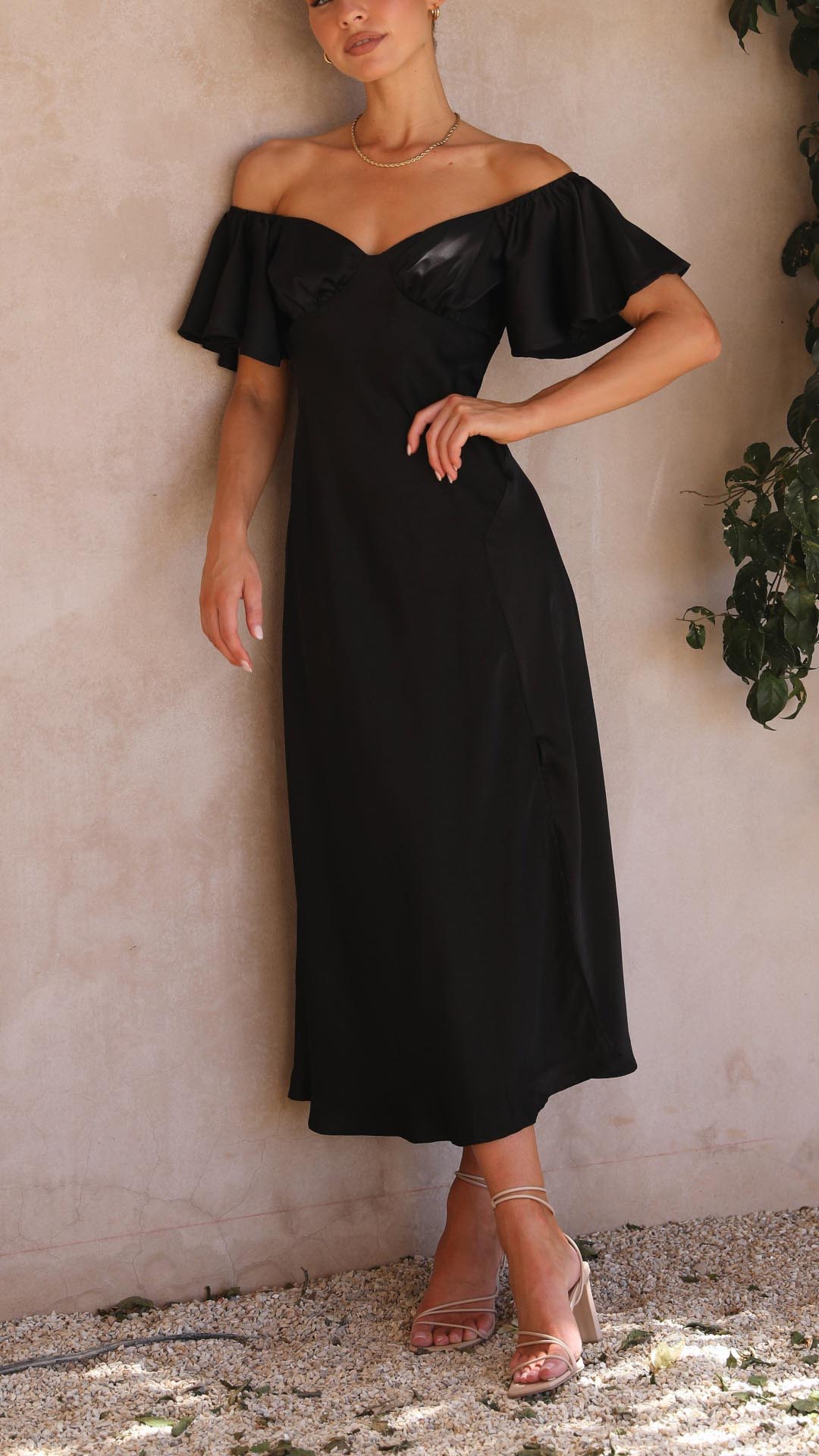 Off Shoulder Midi Dress with Flutter Sleeves and Side Slit