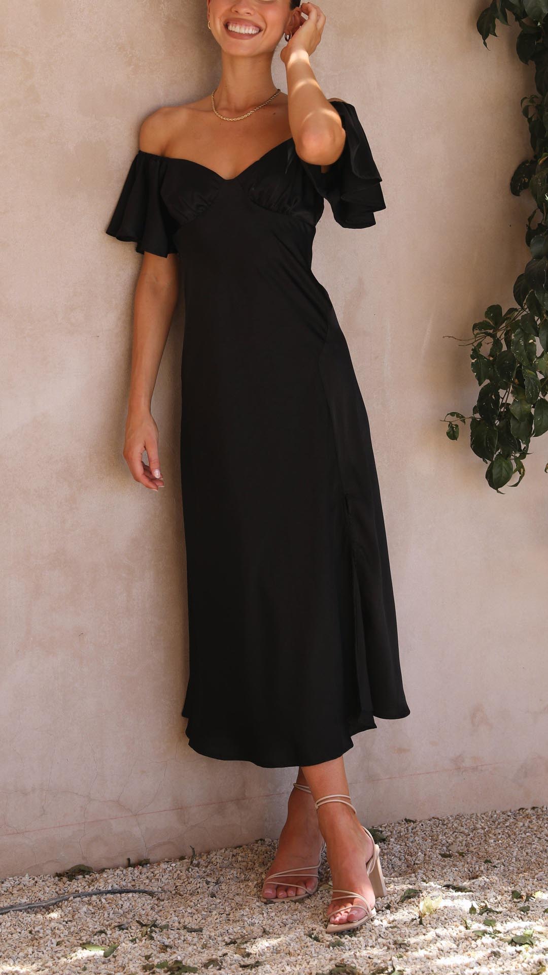 Off Shoulder Midi Dress with Flutter Sleeves and Side Slit