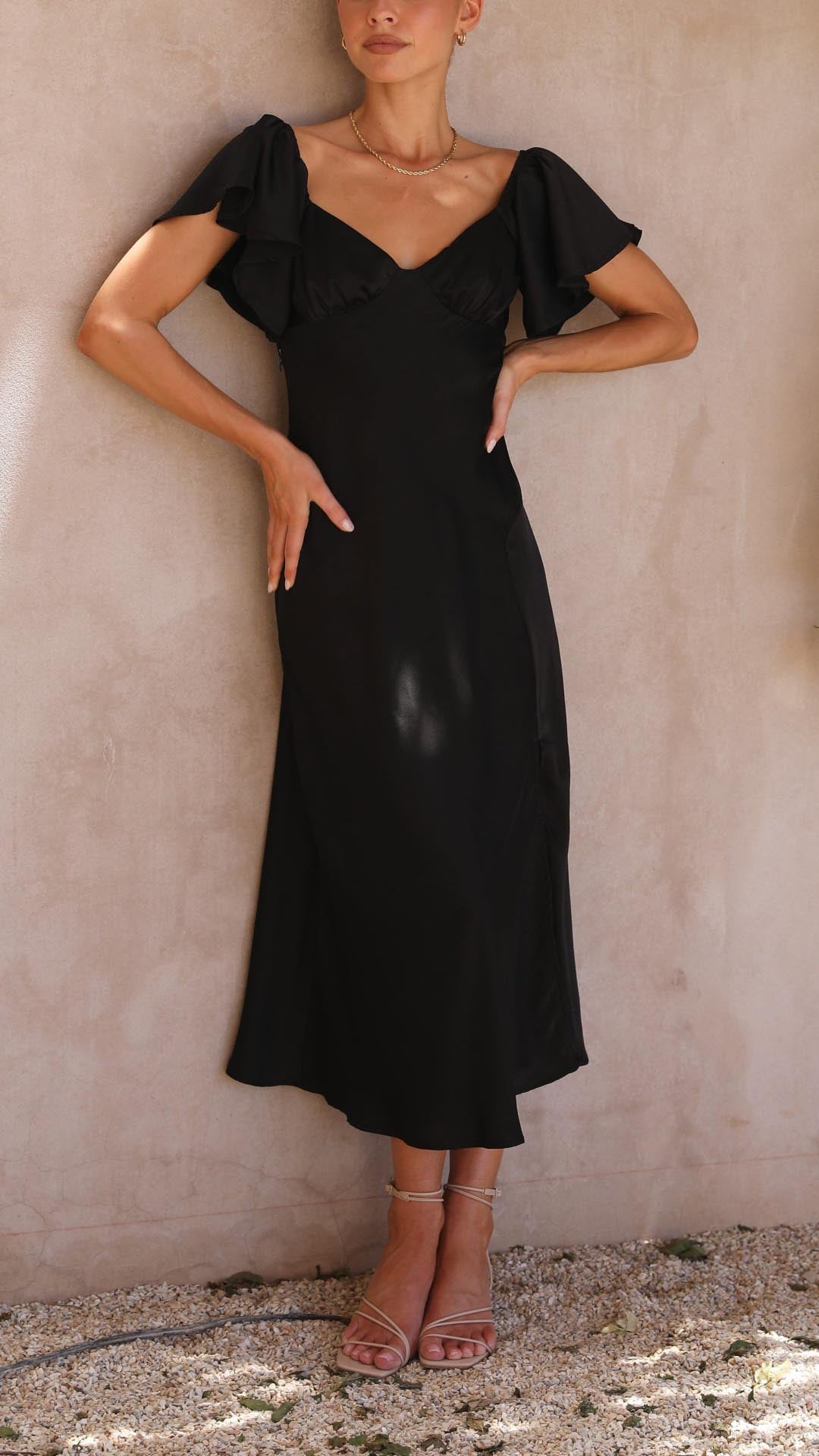 Off Shoulder Midi Dress with Flutter Sleeves and Side Slit