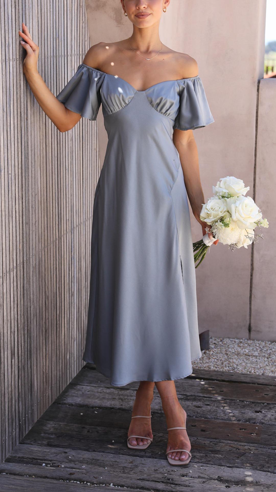 Off Shoulder Midi Dress with Flutter Sleeves and Side Slit