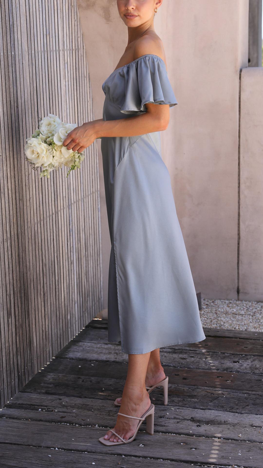 Off Shoulder Midi Dress with Flutter Sleeves and Side Slit