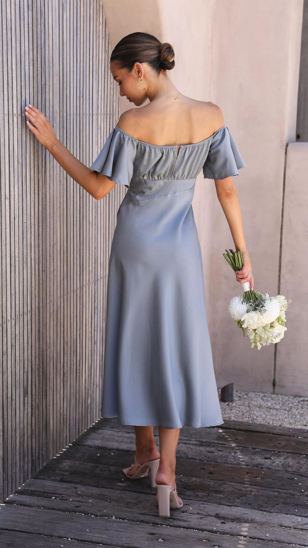 Off Shoulder Midi Dress with Flutter Sleeves and Side Slit