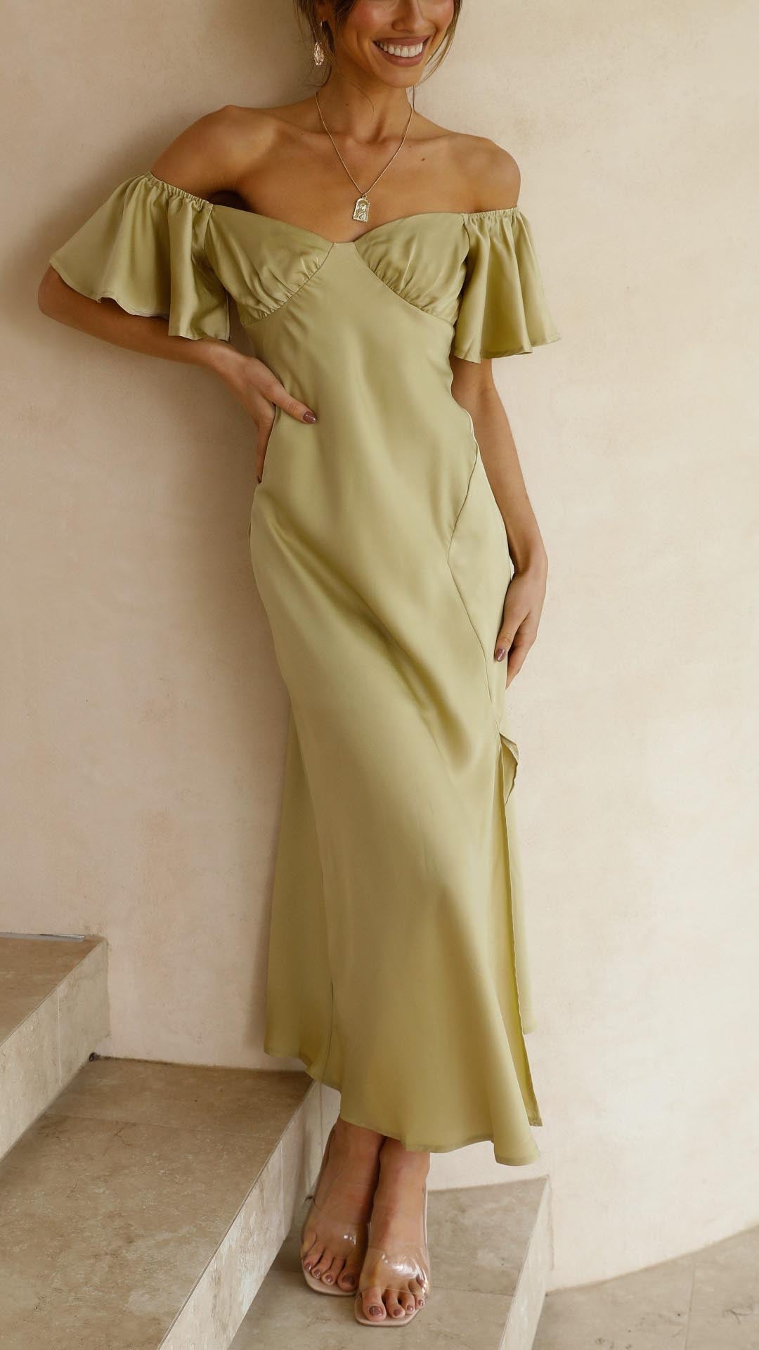Off Shoulder Midi Dress with Flutter Sleeves and Side Slit