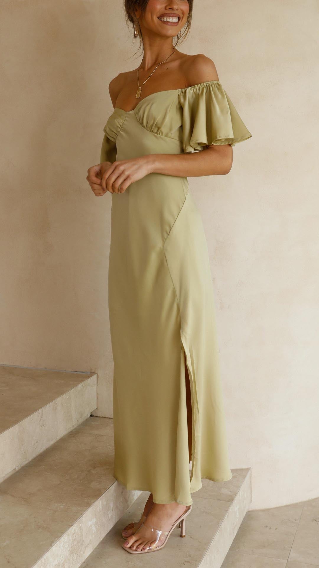 Off Shoulder Midi Dress with Flutter Sleeves and Side Slit