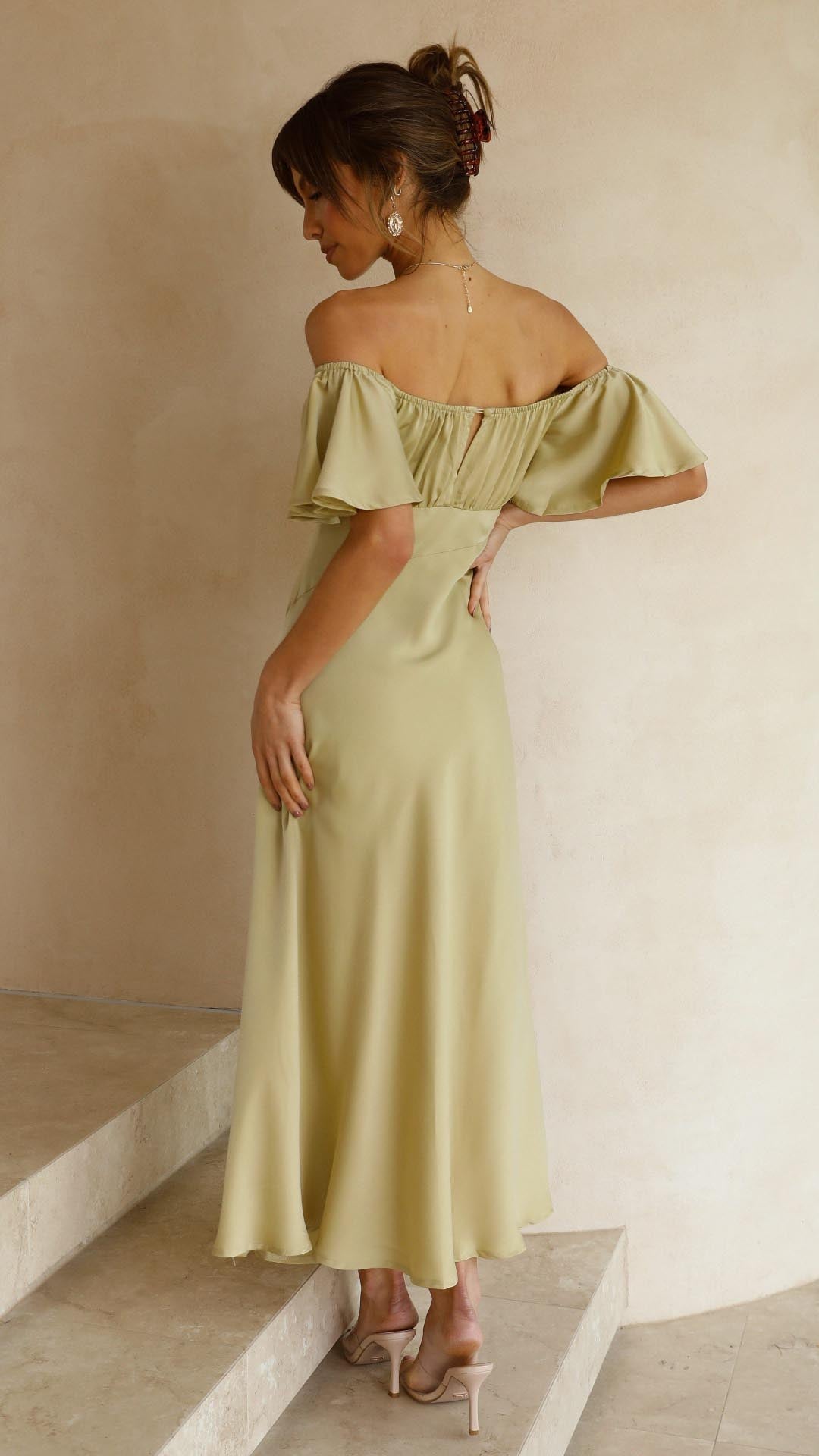Off Shoulder Midi Dress with Flutter Sleeves and Side Slit
