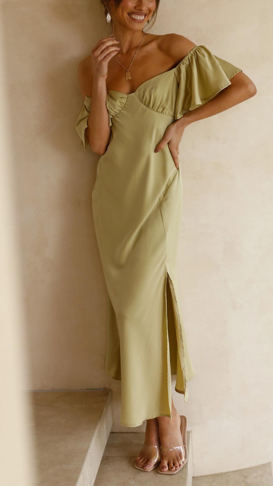 Off Shoulder Midi Dress with Flutter Sleeves and Side Slit