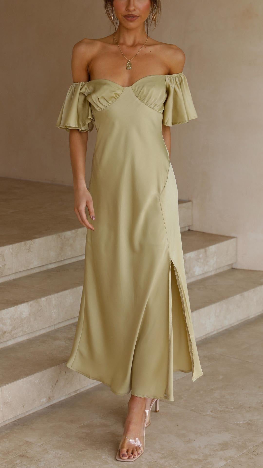 Off Shoulder Midi Dress with Flutter Sleeves and Side Slit