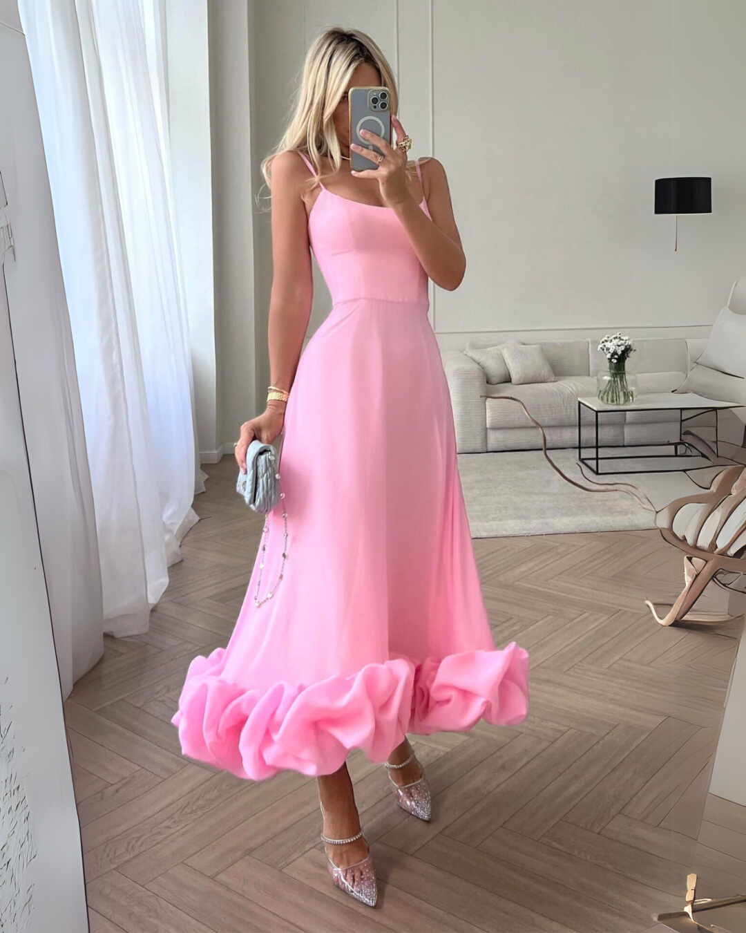 Midi Spaghetti Strap Dress with Ruffle Hem