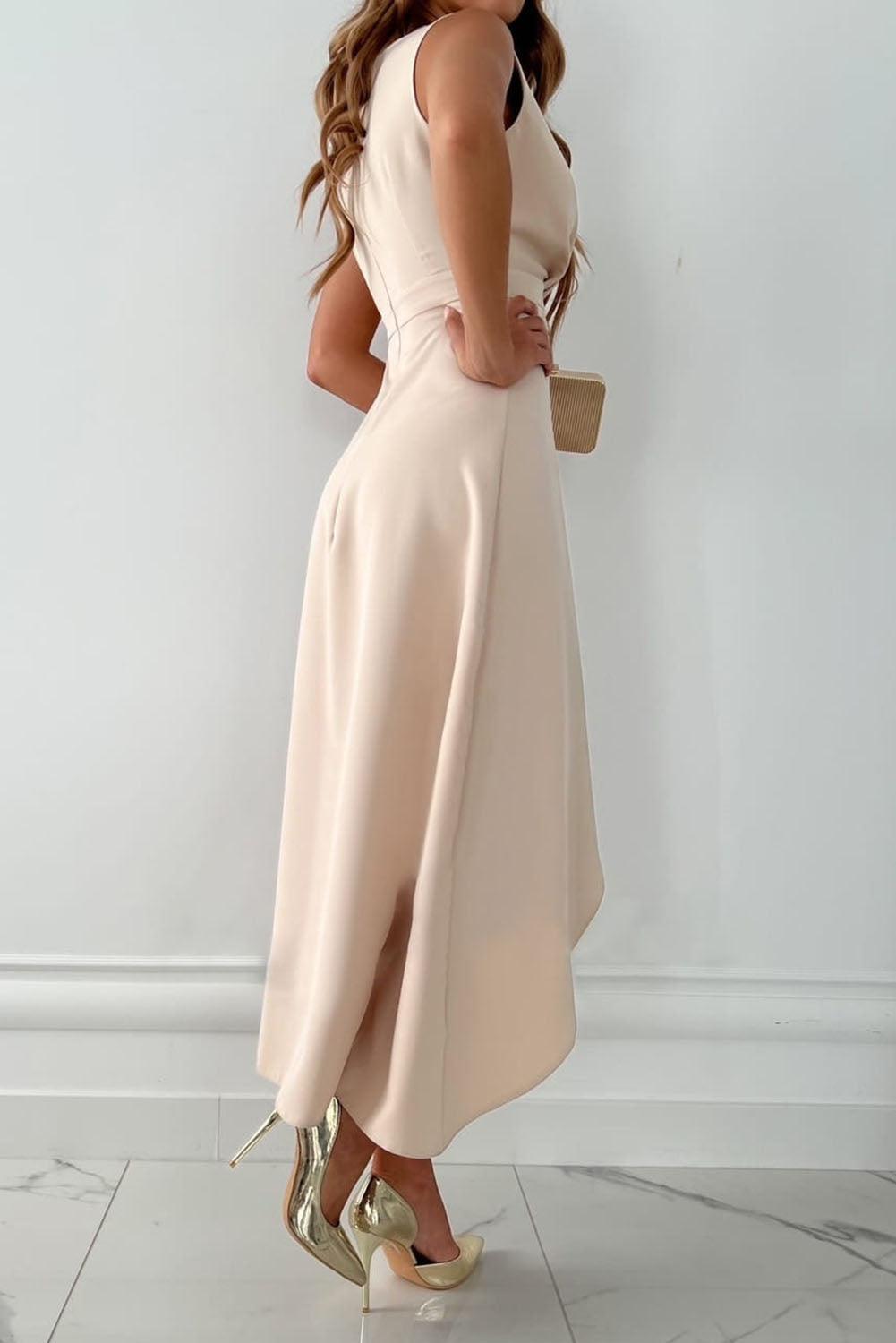Sleeveless V-Neck Asymmetrical Cocktail Midi Dress