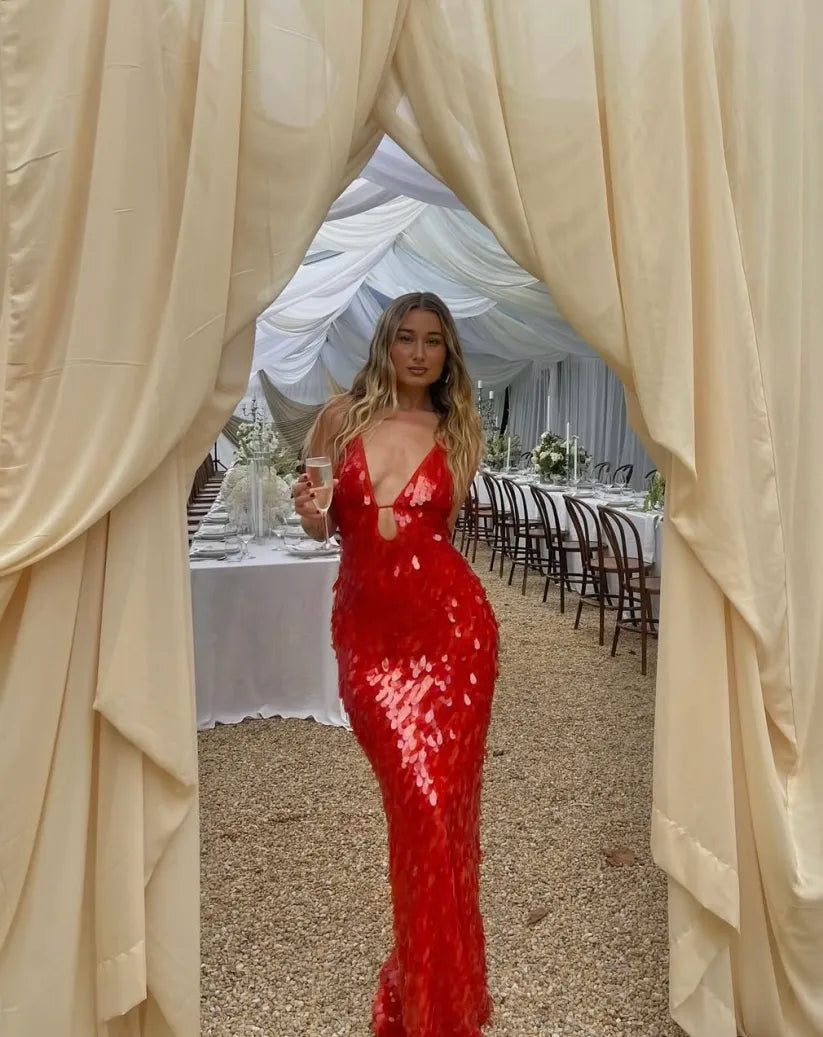 Sequin Plunge V-Neck Gown