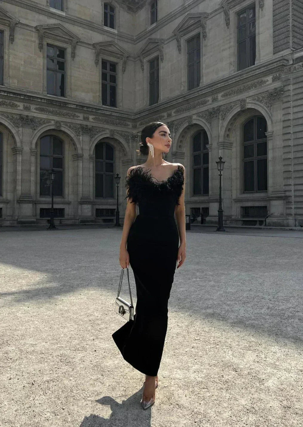 Strapless Feather Trim Black Evening Gown