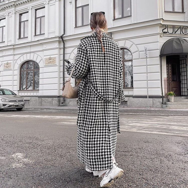 Wool Houndstooth Long Overcoat
