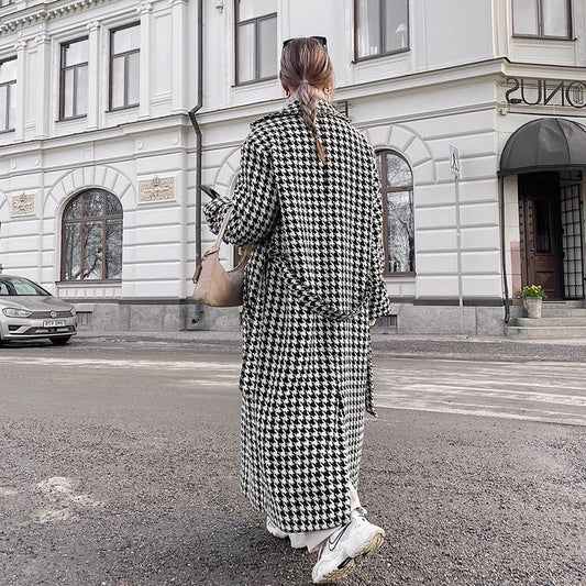 Wool Houndstooth Long Overcoat