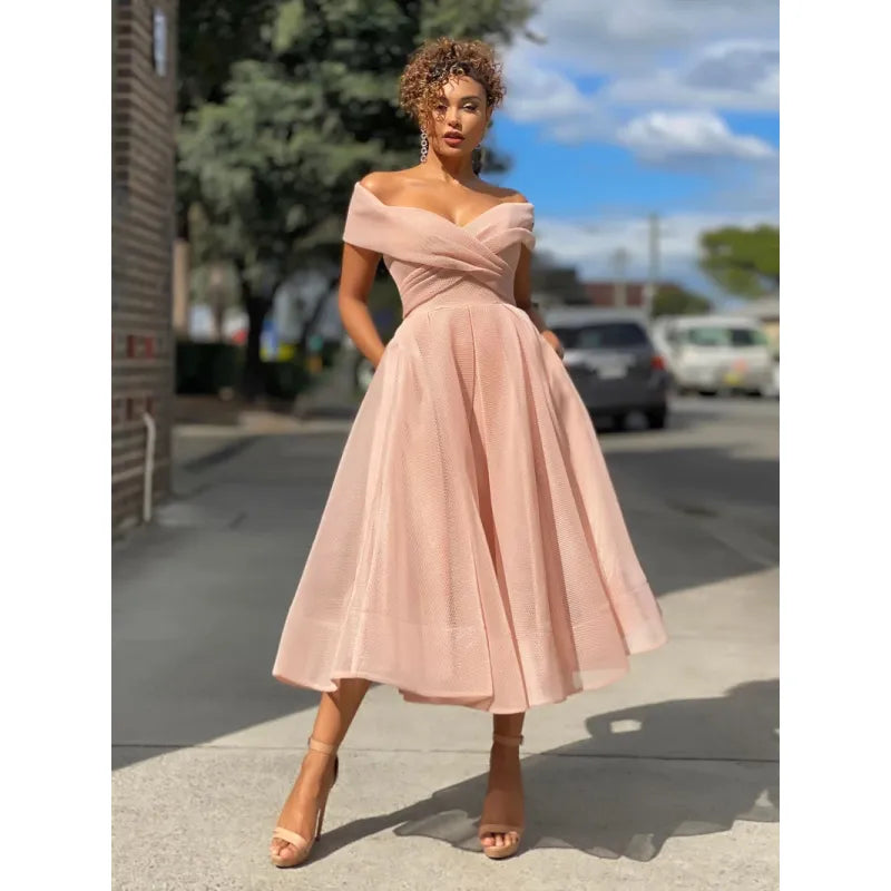 Off-Shoulder Fit-and-Flare Midi Dress