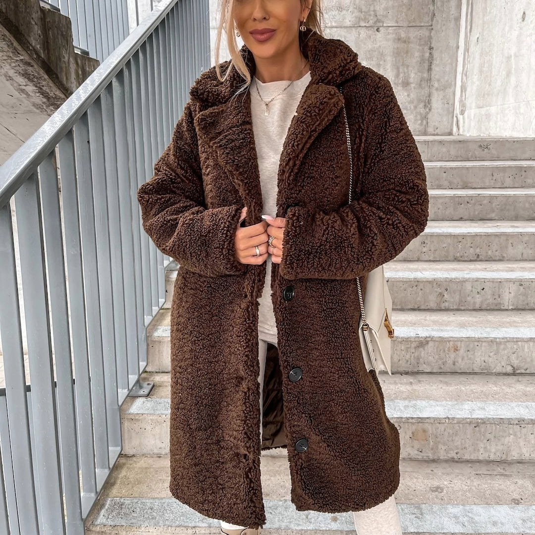 Women’s Long Fleece Coat – Button Front Teddy Outerwear