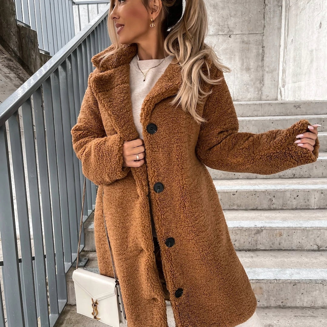 Women’s Long Fleece Coat – Button Front Teddy Outerwear