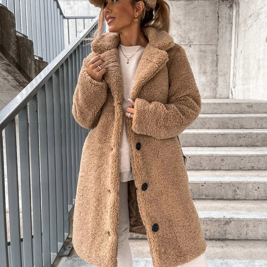 Women’s Long Fleece Coat – Button Front Teddy Outerwear