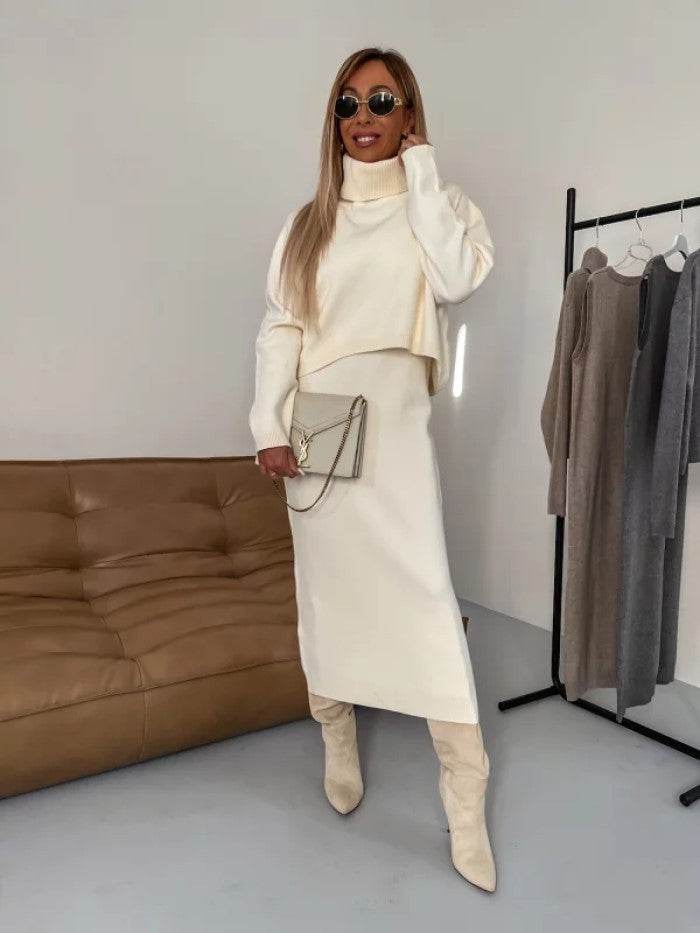 Knit Turtleneck Sweater and Skirt Two-Piece Set