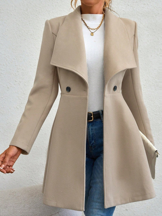 Trench Style Wool Blend Coat with Wide Lapel and Button Detail