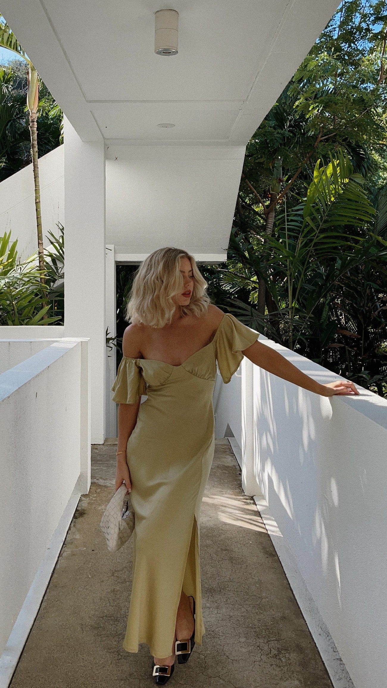 Off Shoulder Midi Dress with Flutter Sleeves and Side Slit