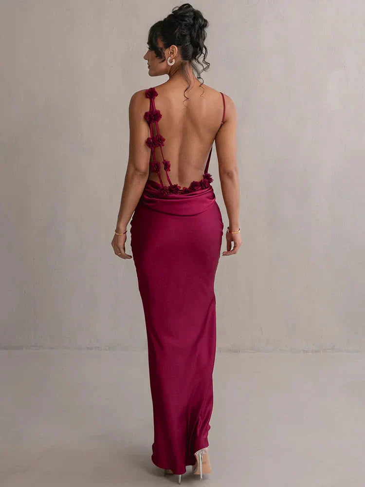Backless Floral Strap Evening Gown