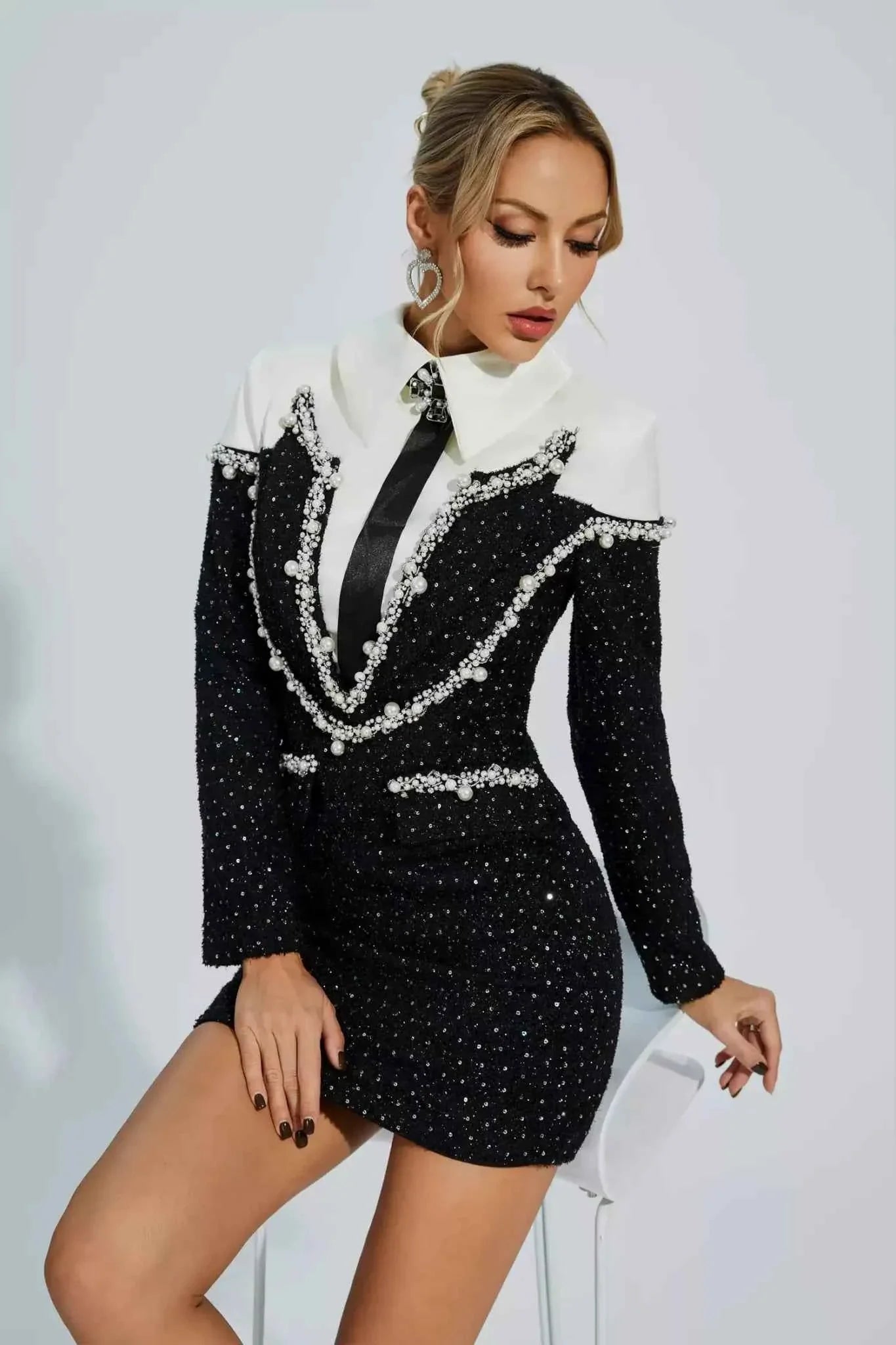 Pearl Embellished Tweed Blazer Dress